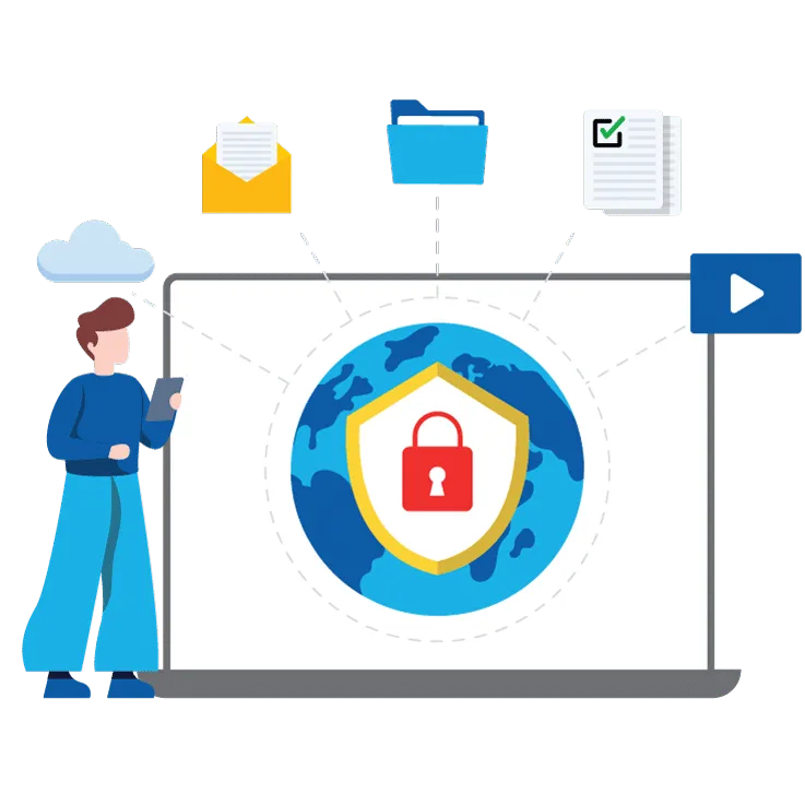 Google Workspace security illustration showing cloud files protected by a shield